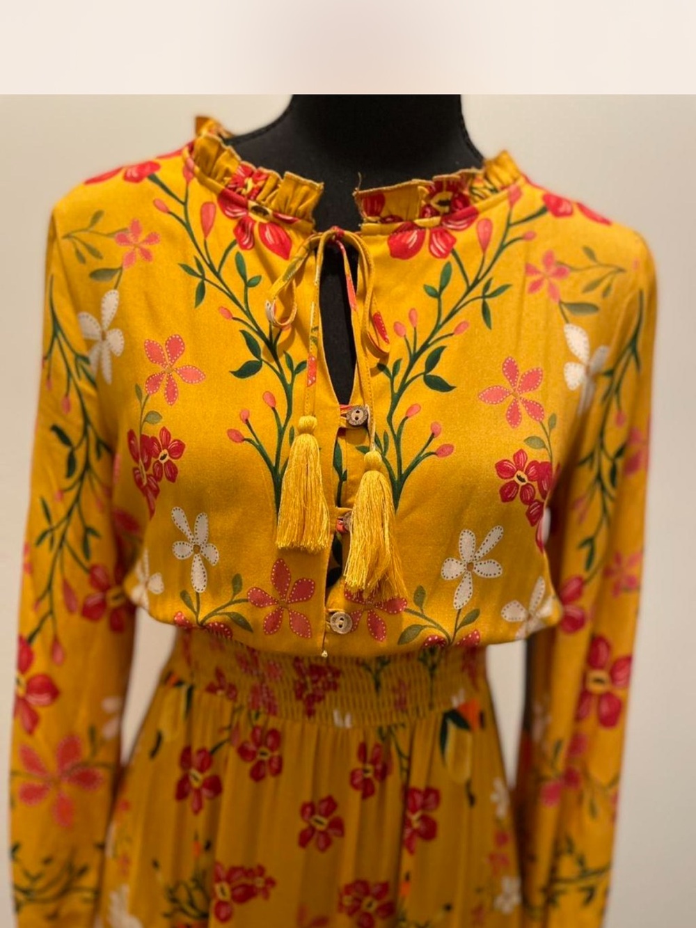 Farm Rio Anthropologie Mustard Floral Bird Maxi Dress - Picture 3 of 3